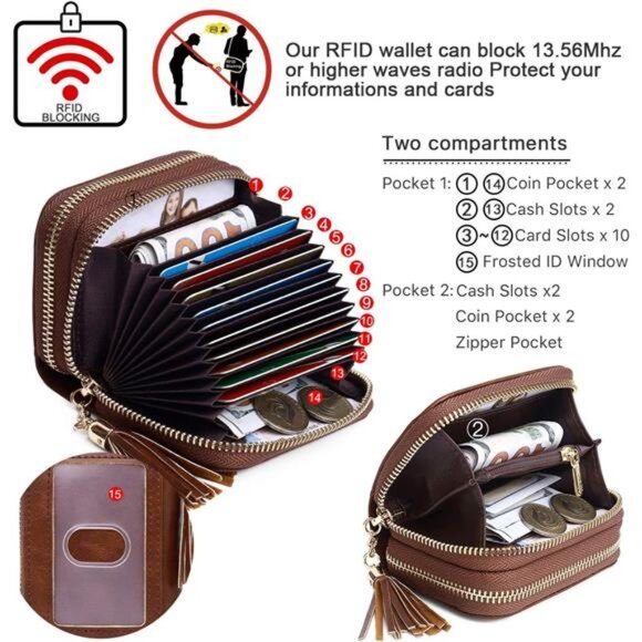 RFID Leather Card Holder Wallet for Women Small Zipper Coin Purse Keychain - Picture 4 of 6